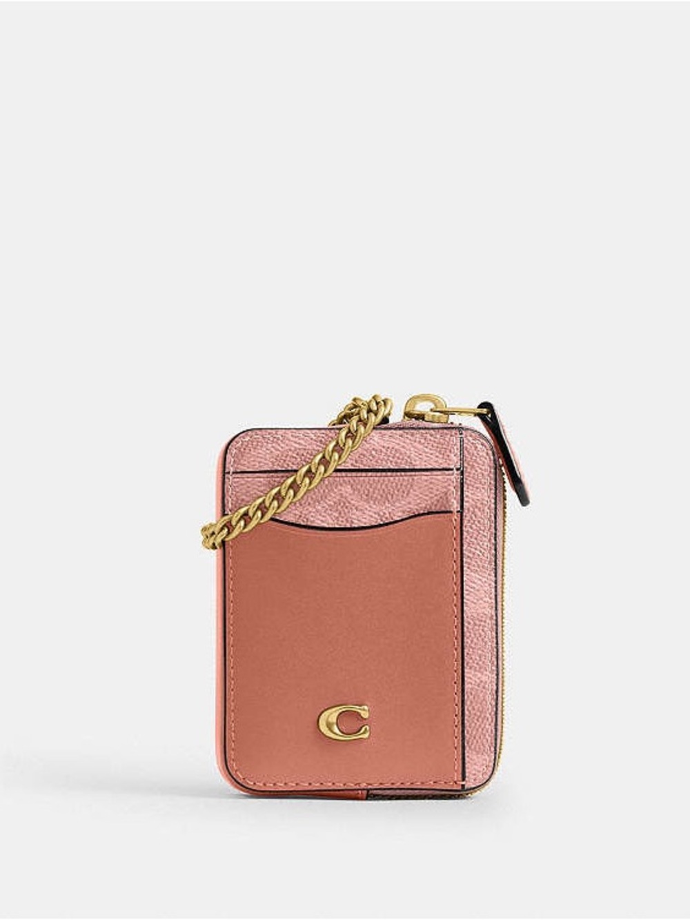 Coach Pink Leather ID & Card Zip Case with Gold Chain